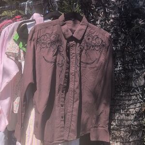 Embroidered Brown Button-Down Shirt - Women's Long Sleeve